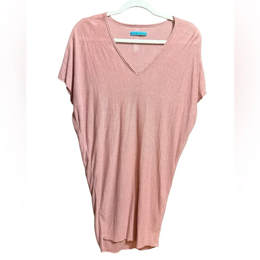 Alice + Olivia Blush Pink Oversized V-Neck Tee‎ Top Soft & Chic Linen Blend Sz L - Picture 5 of 9